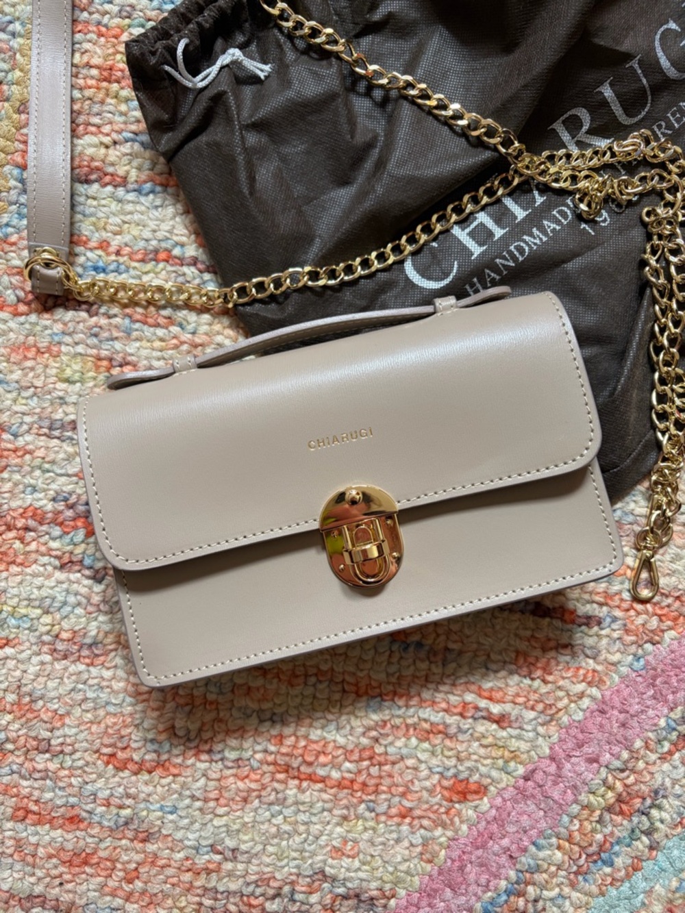 Beige Leather Chain Crossbody Bag
